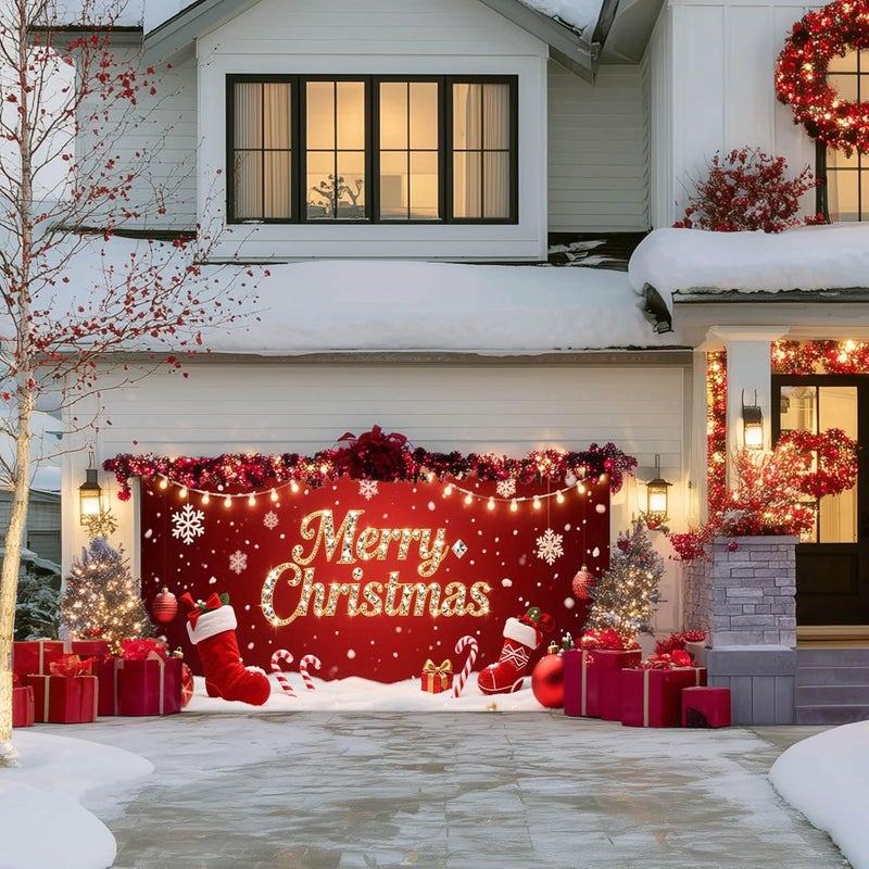 IVN Christmas Garage Door Cover Decoration 13x6ft Red Stockings Candy Canes Snowflakes Ornaments Merry Christmas Winter Garage Door Banner Home Door Front Yard Decor for Xmas Eve Holiday Outdoor - Image 4